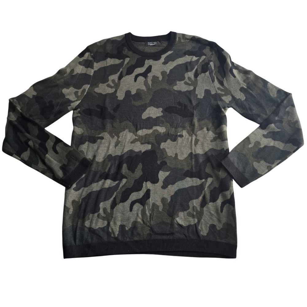 Zara Man Mens XL Camo Skull Sweater Green Black Crewneck Military Goth